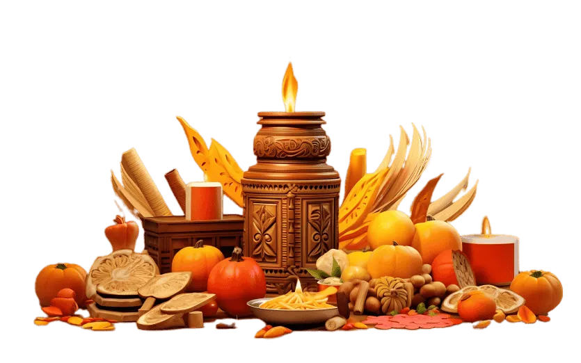 Pooja items including fruits, candles, and traditional decorations